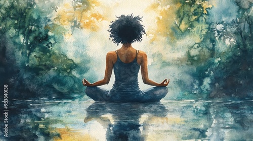 Woman of color meditating by a river, lush greenery, mental clarity, watercolor style