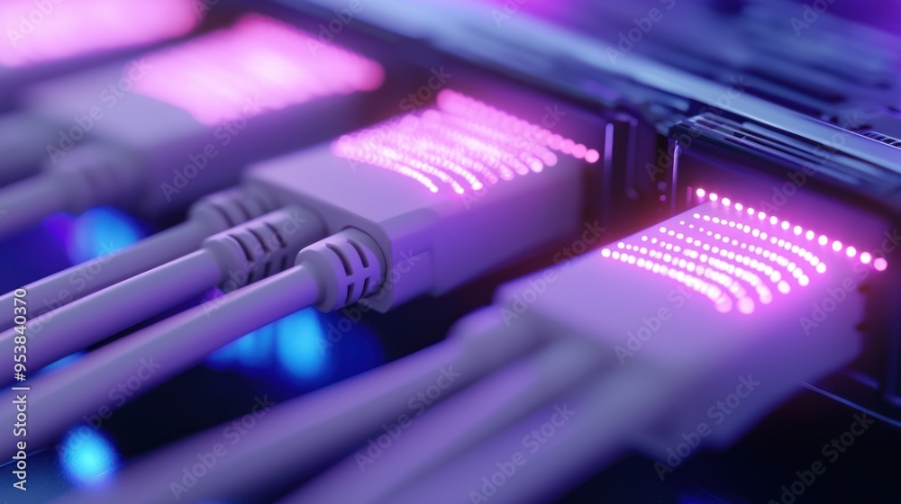 Close-up view of network cables connected to a switch, illuminated by vibrant purple lights, depicting advanced technology and connectivity.