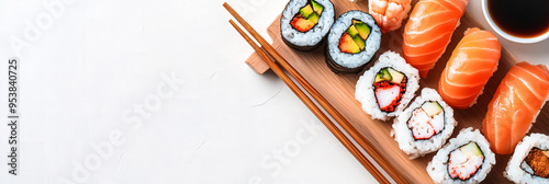 Variety of sushi rolls and nigiri on bamboo tray with chopsticks and soy sauce on white background. Copy Space.