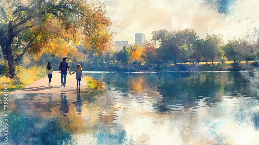 Fototapeta premium Tranquil Lakeside Bonding: Hispanic Family Stroll in Watercolor Harmony