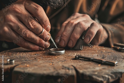 Close up of a male jeweler working on wooden table in his workshop