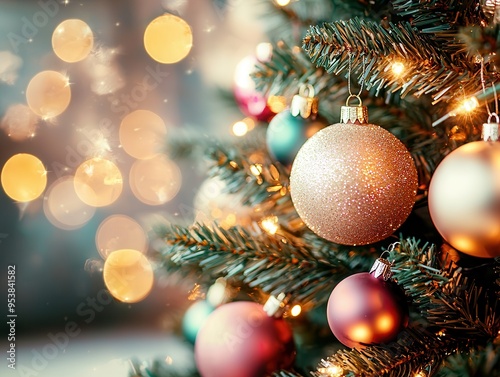 Close-up of Gold Christmas Ornament on Christmas Tree.