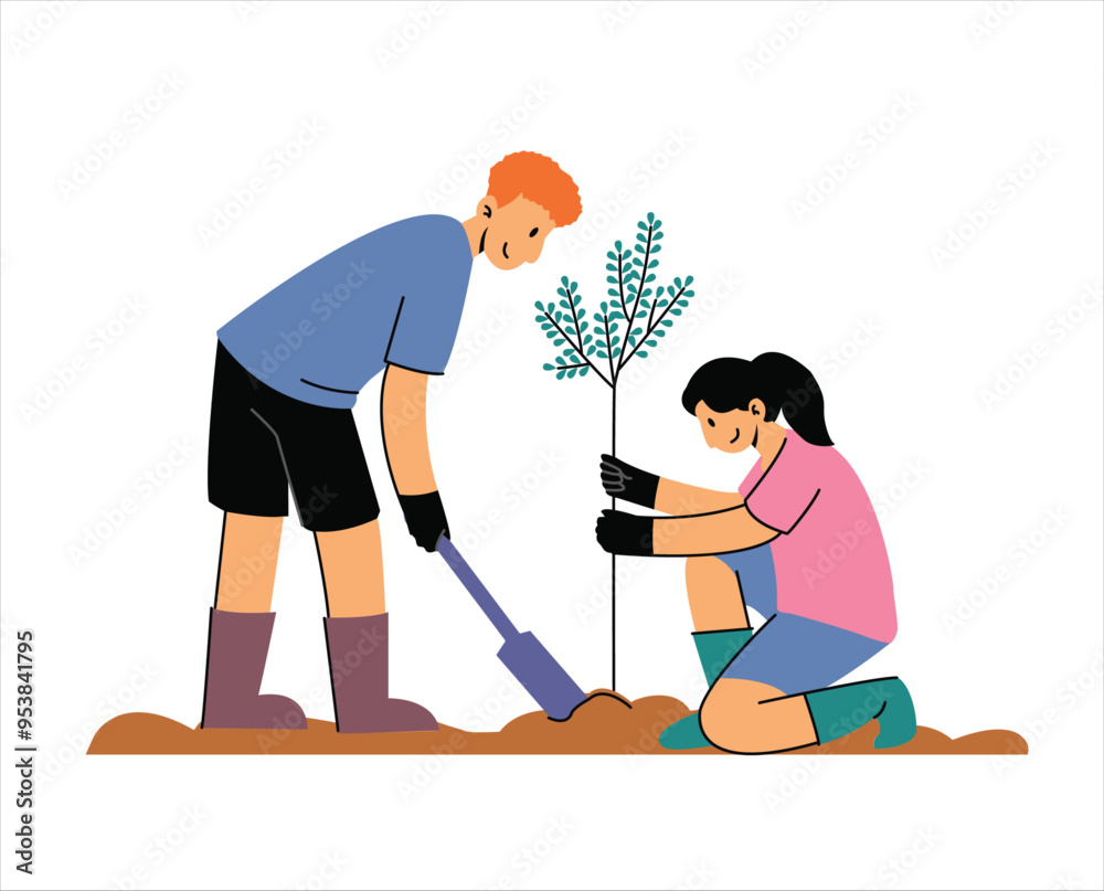 Fototapeta premium Two Volunteers Planting Trees Together. Volunteer Concept Illustrations.