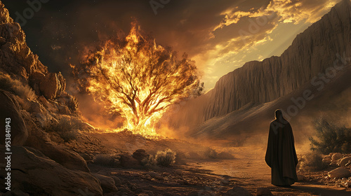 1. Moses gazes in wonder as the burning bush blazes vividly against the harsh desert landscape,  a manifestation of divine presence and revelation in a stunning spectacle.