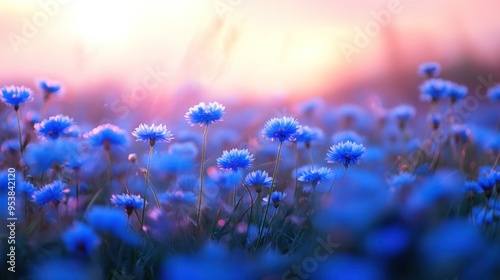 Blue Flowers Field at Sunset