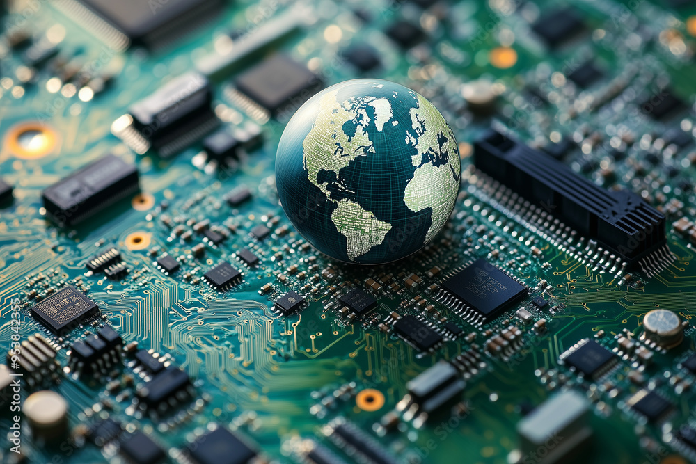 A globe on top of an electronic circuit board, symbolizing global connectivity and the impact technology has in all corners of our planet.