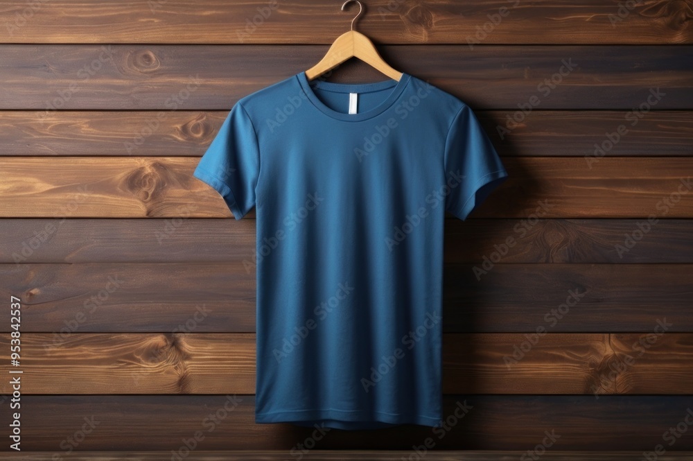 Blank blue t-shirt on wooden background. Blank blue t-shirt mock up Blank blue t-shirt on wooden background. Blank blue t-shirt mock up