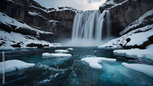 A powerful waterfall cascading into a partially frozen river, surrounded by snow-covered rocks in a winter landscape