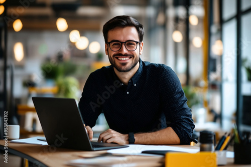 Happy male designer sitting at a desk in a modern office, using a laptop and writing notes on a paper sheet while smiling at the camera, with copy space for a text banner background. 