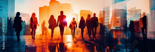 Silhouetted business professionals stand confidently against a vibrant cityscape, symbolizing modern corporate life, framed by a stunning sunset, creating a scene of ambition and progress photo