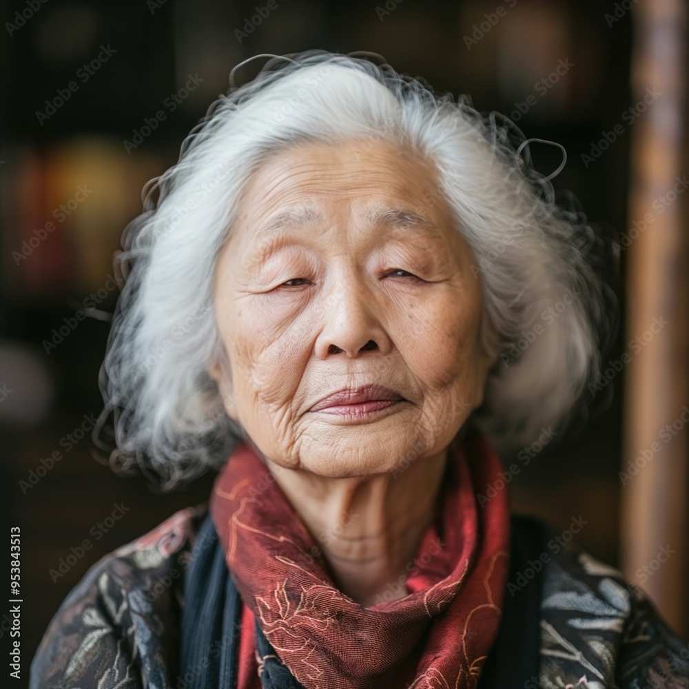 An elderly Asian woman looks contemplatively while enjoying a quiet moment indoors An elderly Asian woman looks contemplatively while enjoying a quiet moment indoors