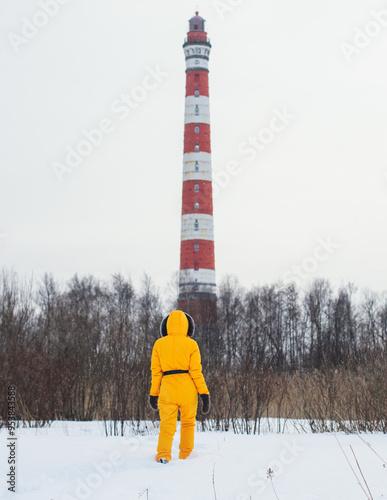 Snowy aerial drone view of Storozhenskiy Light, Ladoga Lake, Storozhno Lighthouse, Storozhno village, Leningrad oblast region, Russia, winter sunny day, lighthouses of Russia travel photo