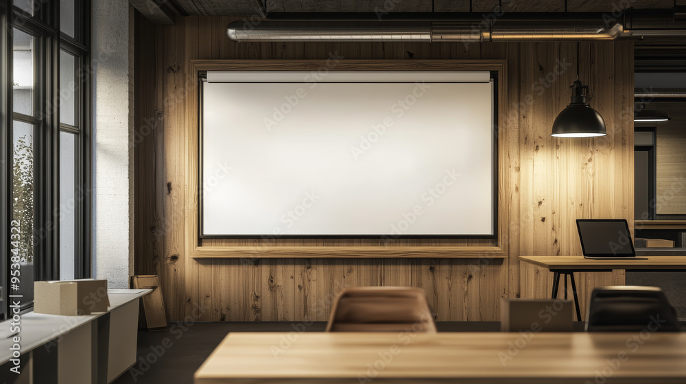 Fototapeta premium A large white wall with a black chair in front of it