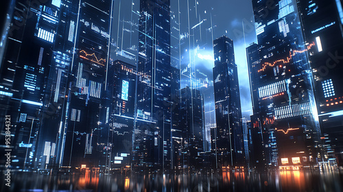 Futuristic cityscape with digital data overlays at night 