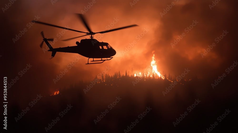 Helicopter flies over a forest fire at dusk, silhouetted against the flames and smoke, showcasing emergency response and wildfire season. Helicopter flies over a forest fire at dusk, silhouetted against the flames and smoke, showcasing emergency response and wildfire season.