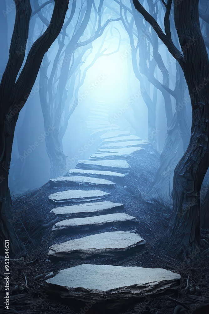 Naklejka premium A path through a dark forest with light at the end, symbolizing the journey through illness, illness, hope and perseverance