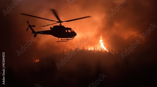 Helicopter flies over a forest fire at dusk, silhouetted against the flames and smoke, showcasing emergency response and wildfire season. photo