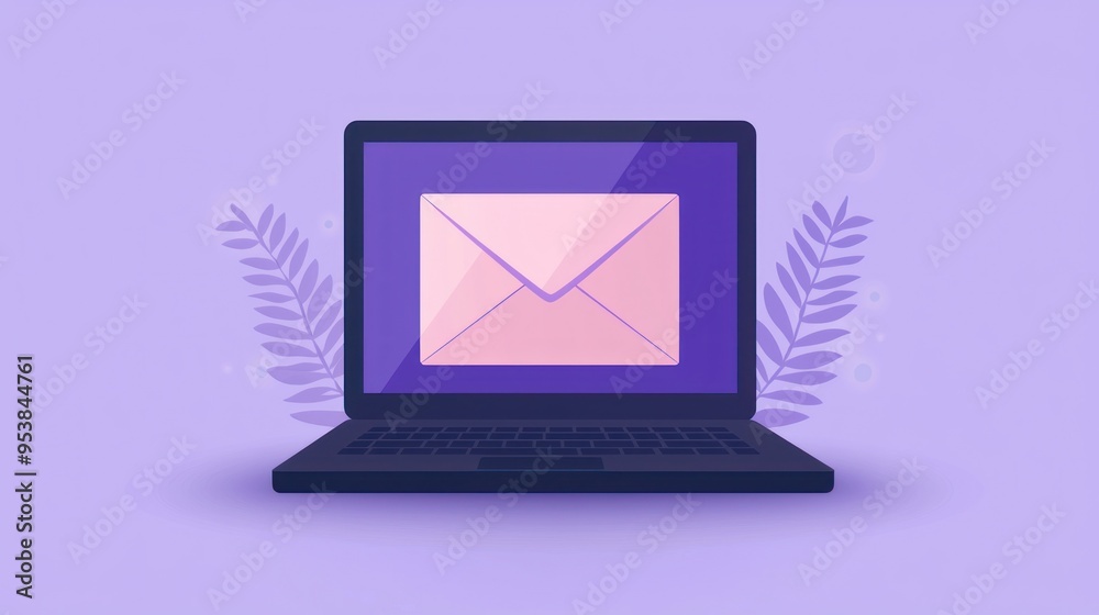 Illustration of a laptop with an email icon on the screen, surrounded by leaves on a purple background, symbolizing digital communication. Illustration of a laptop with an email icon on the screen, surrounded by leaves on a purple background, symbolizing digital communication.