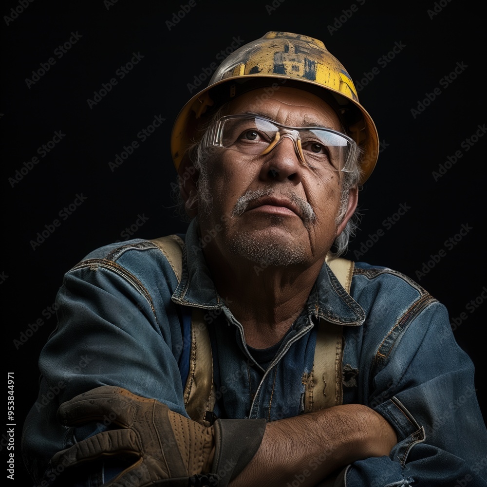 Fototapeta premium A skilled worker gazes thoughtfully, showcasing resilience and dedication in his craft