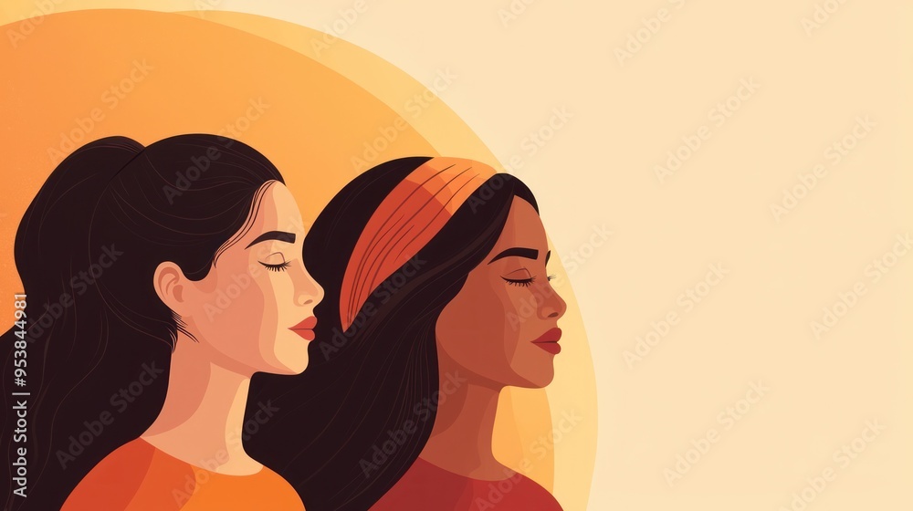 Illustration of two serene women in profile with warm tones, creating a harmonious and peaceful composition, perfect for diversity themes. Illustration of two serene women in profile with warm tones, creating a harmonious and peaceful composition, perfect for diversity themes.