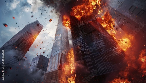 Explosive Danger in Modern Urban Setting Skyscraper Engulfed in Fierce Blaze Amidst Cityscape Concept of Fight Against Terrorism or Anti-Terrorism photo