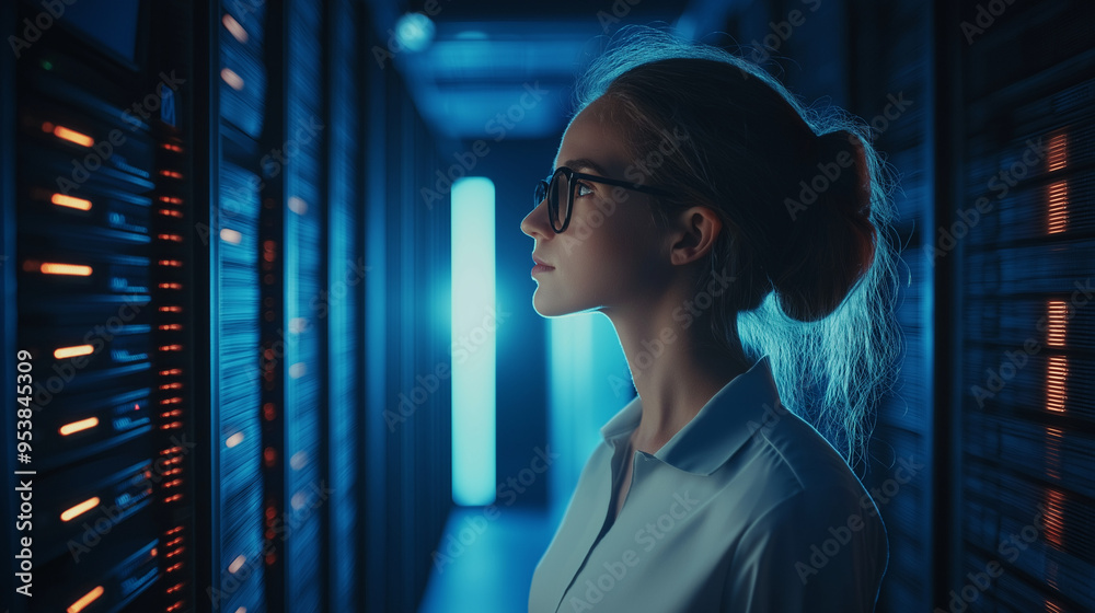 Fototapeta premium White american female IT specialist analysing privacy data information leaks in server office technology business significantly artificial intelligence cyber security threat concept