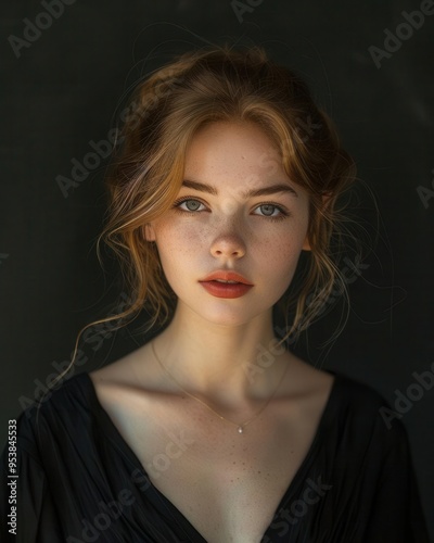 Studio portrait of a young woman, dramatic lighting casting soft shadows, plain backdrop, eyelevel perspective, elegant and poised