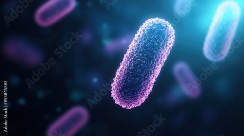 Microscopic view of bacteria under magnification. Detailed visualization of bacterial cells in blue and purple hues. Perfect for scientific use.