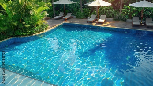 Top View of a Luxurious Outdoor Swimming Pool with Sunlit Water 