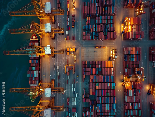 Aerial night view of a container port with illuminated cranes and stacked containers, showcasing the busy logistics and global trade activities. photo