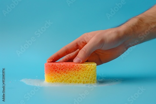 Hand with a sponge cleaning the surface of a red and blue background