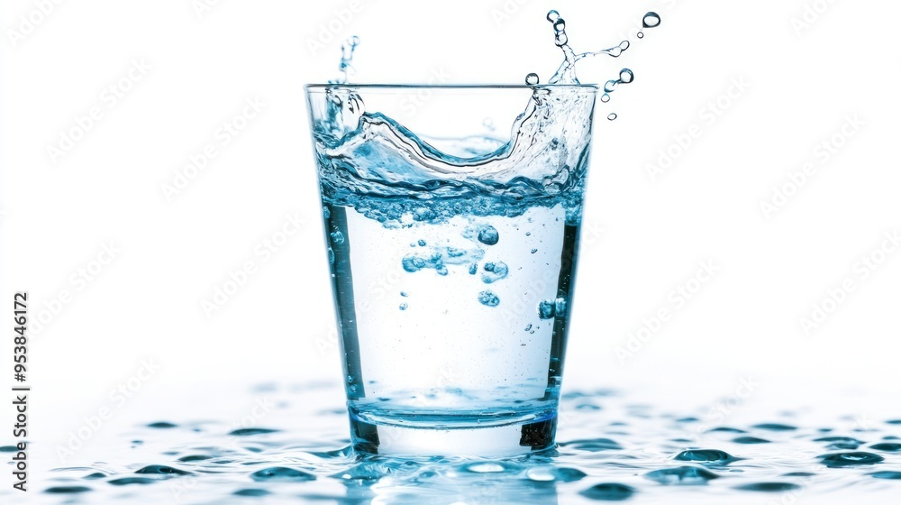 A glass of water with droplets splashing over the rim, likely from an object dropped into it, on a surface covered in water droplets. A glass of water with droplets splashing over the rim, likely from an object dropped into it, on a surface covered in water droplets.