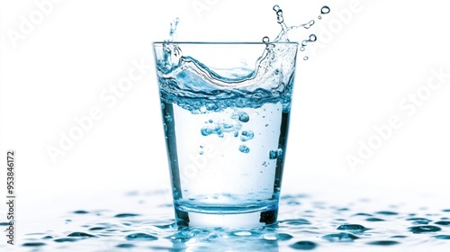 A glass of water with droplets splashing over the rim, likely from an object dropped into it, on a surface covered in water droplets.