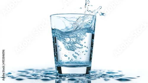 A glass filled with water on the verge of overflowing, with dynamic splashes and bubbles, captured against a clean, white background.