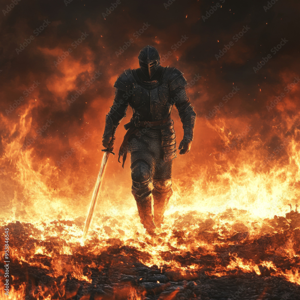 knight with sword, a knight walks on fire with his sword knight with sword, a knight walks on fire with his sword