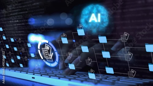 Businesswoman using AI brain artificial intelligence with big data matrix management document cloud database, 
processing, science ,technology, creative, instruction, file access, doc sharing