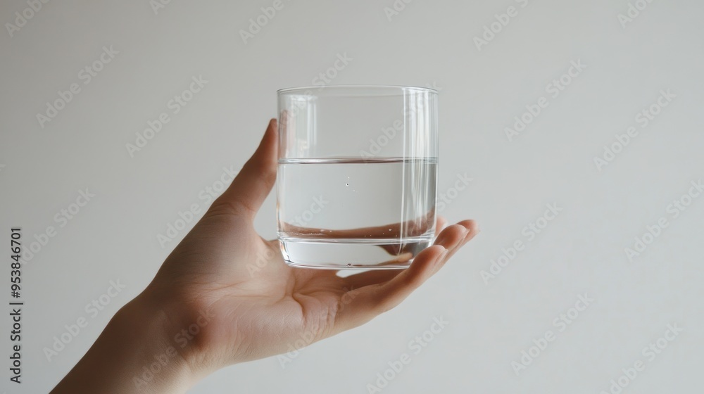 A human hand holding a clear glass half-filled with water against a neutral background, representing simplicity, hydration, or the philosophical A human hand holding a clear glass half-filled with water against a neutral background, representing simplicity, hydration, or the philosophical