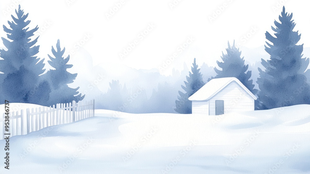 Naklejka premium Peaceful winter landscape with a small house surrounded by trees and covered in snow, exuding tranquility and solitude in a frosty setting.