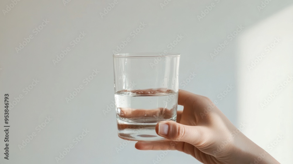 A person's hand holding a clear glass half-filled with water, with a plain light background, implying simplicity or the concept of half full or empty. A person's hand holding a clear glass half-filled with water, with a plain light background, implying simplicity or the concept of half full or empty.