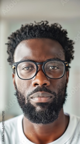 A Black man with glasses sits calmly, showing a thoughtful expression in a well-lit environment