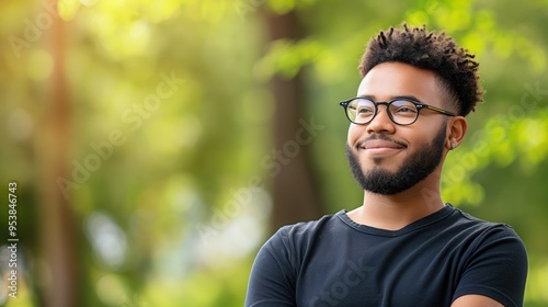 A young  Black man with glasses smiles while standing in a lush green park on a bright day