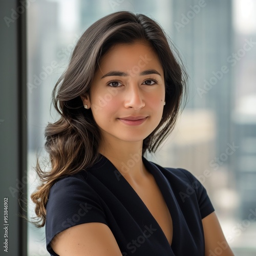 A confident young woman poses in an office, representing professionalism and ambition