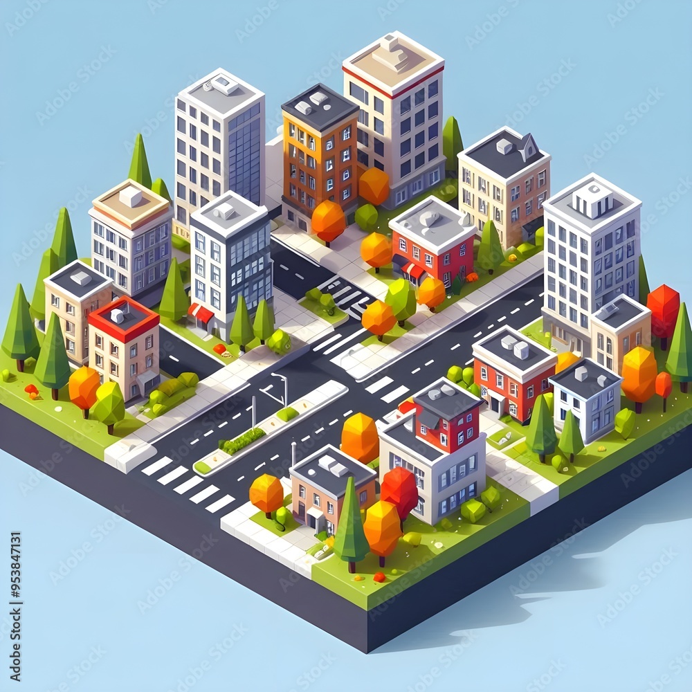 A small section of a city with low-poly buildings, streets, and trees in full fall colors. The isometric perspective adds depth, while the vibrant colors and minimalist design keep the scene lively ye A small section of a city with low-poly buildings, streets, and trees in full fall colors. The isometric perspective adds depth, while the vibrant colors and minimalist design keep the scene lively ye