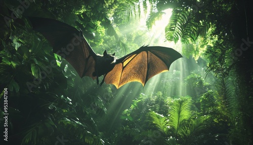 Bat Flying Through Dense Green Forest in Daylight photo