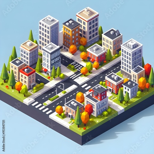 A small section of a city with low-poly buildings, streets, and trees in full fall colors. The isometric perspective adds depth, while the vibrant colors and minimalist design keep the scene lively ye
