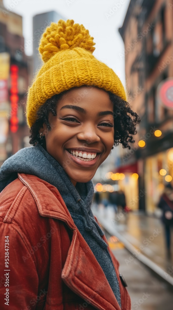 A joyful Black woman in a yellow beanie brightens a rainy city street A joyful Black woman in a yellow beanie brightens a rainy city street