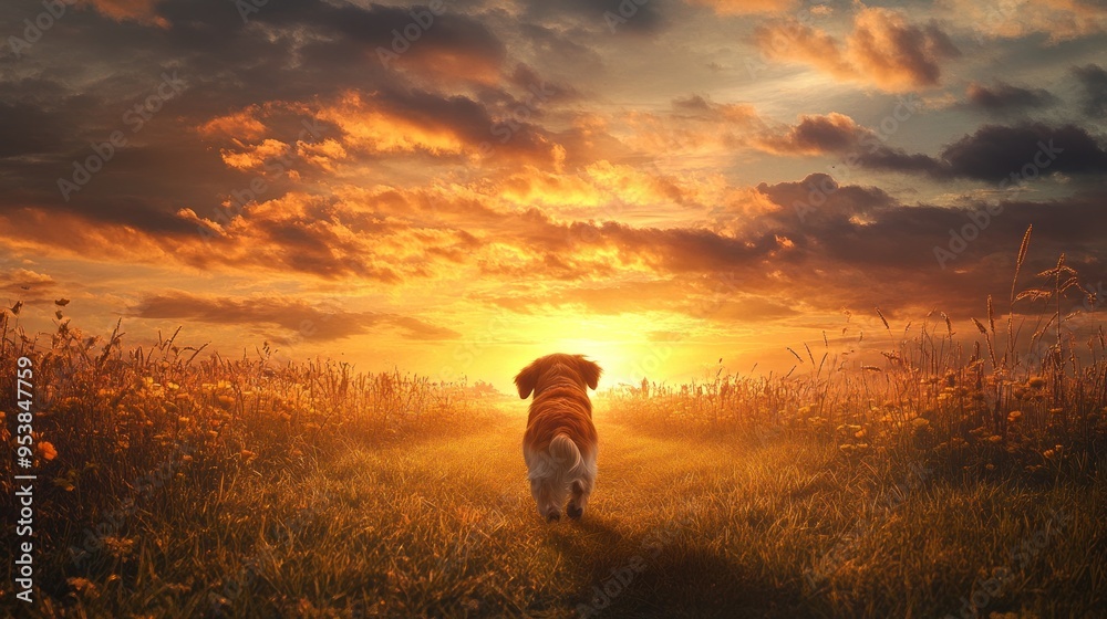 Fototapeta premium Dog Walking into the Sunset