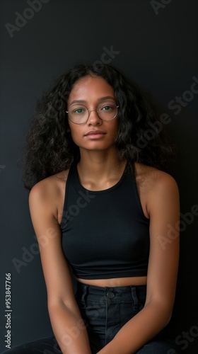 A young woman sits calmly, wearing a black top and glasses, with curly hair framing her face