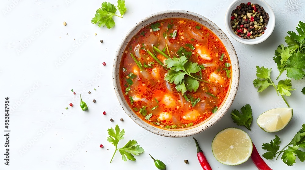 Savory Thai Tom Yum Soup with Fresh Herbs and Bright Spices,Flat Lay on White Background Savory Thai Tom Yum Soup with Fresh Herbs and Bright Spices,Flat Lay on White Background