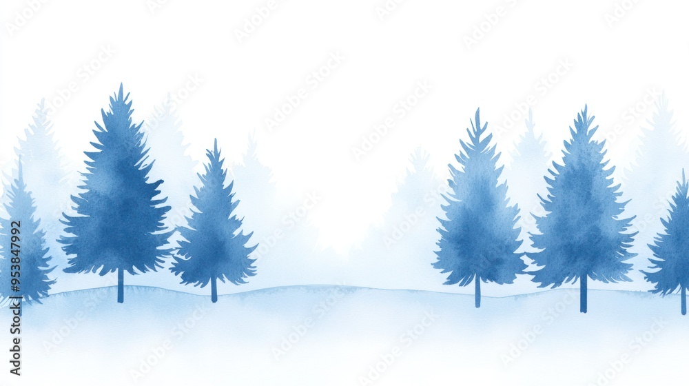 Serene winter landscape with frosty pine trees in a misty forest, painted in soft blue hues, evoking tranquility and peacefulness. Serene winter landscape with frosty pine trees in a misty forest, painted in soft blue hues, evoking tranquility and peacefulness.